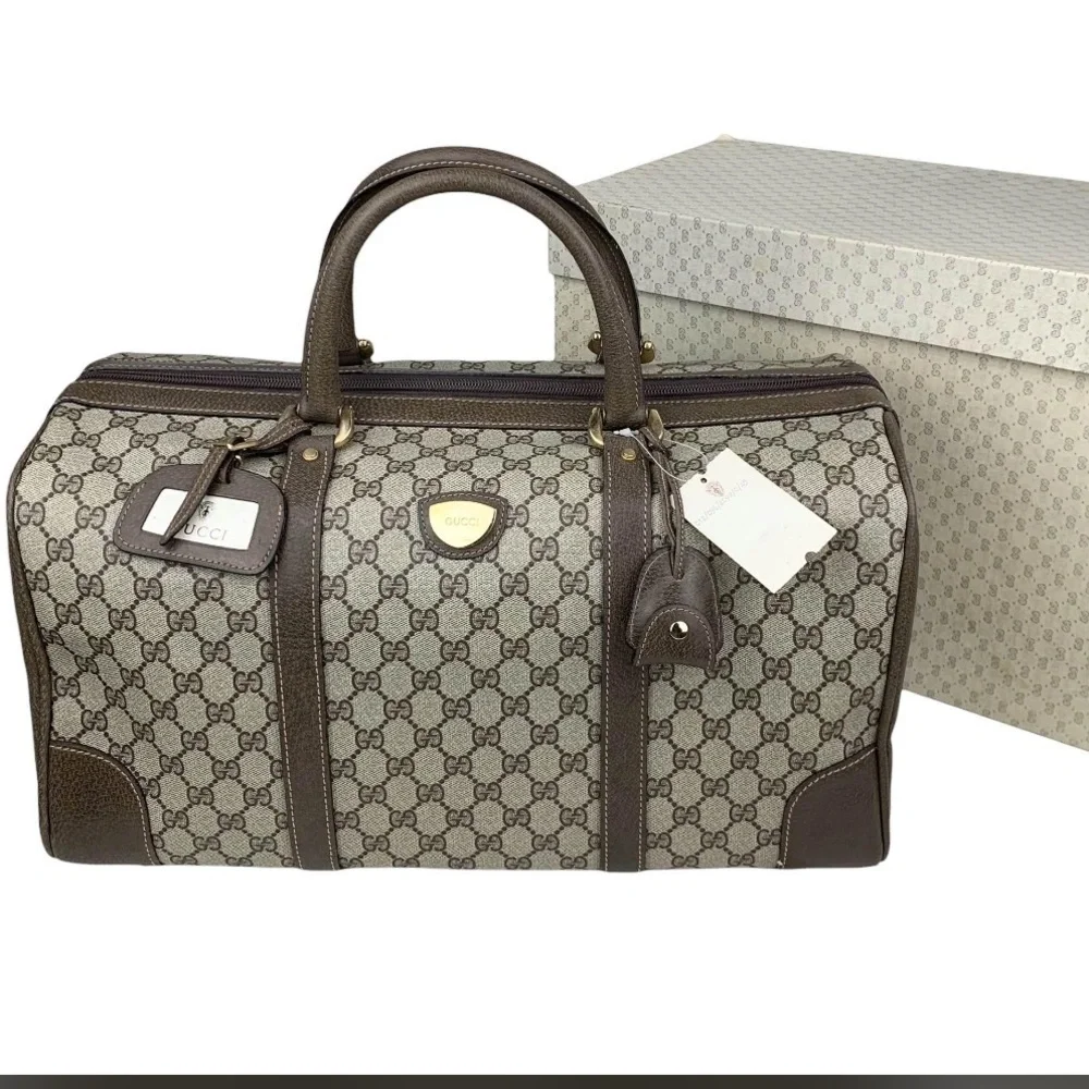 Vintage Gucci GG Supreme Boston Bag Travel Duffle Brown Monogram Leather Trim - Picture 2 of 15